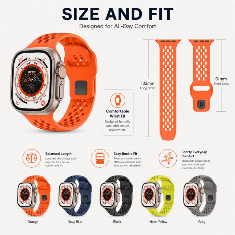 Orange perforated silicone watch band fitted to a watch, with long and short strap dimensions shown.