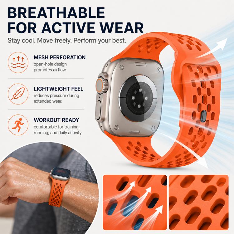 Orange perforated silicone watch band shown on a watch, with airflow holes and a wrist fit.