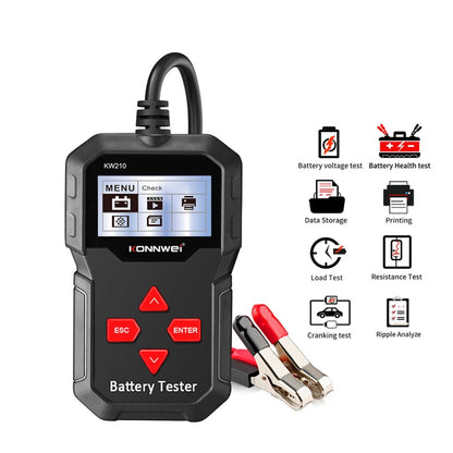 Car battery tester with LCD screen, red/black keypad, and included battery clamps