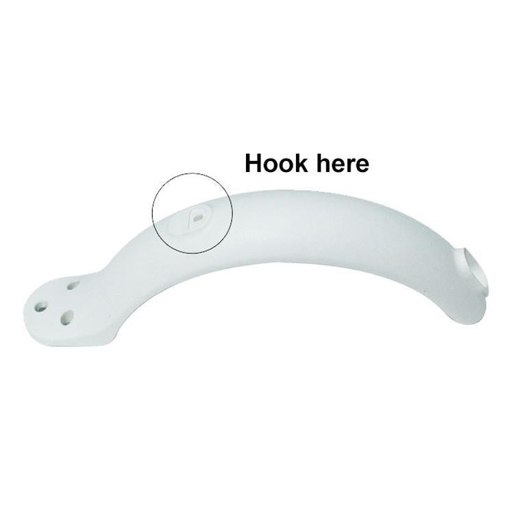 White electric scooter mudguard with hook attachment point