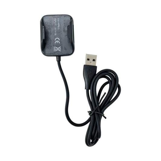 Black WHOOP 5.0 watch charger with USB-A plug and coiled cable, back view
