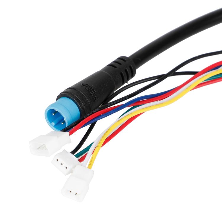 Electric scooter wiring cable with blue connector plug and multiple white wire connectors
