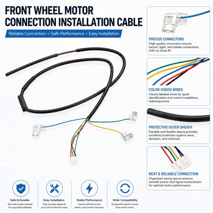 Front wheel motor connection installation cable with black outer sheath and multiple connector plugs