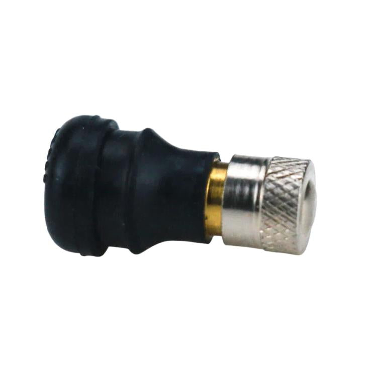 Tubeless tire valve adapter with black rubber grip and brass-toned threaded tip