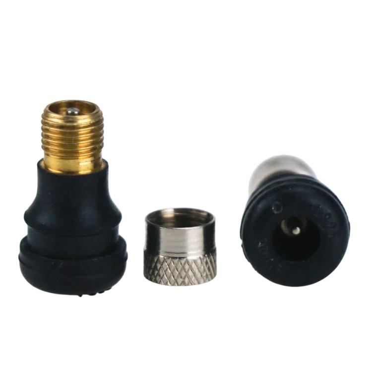 Scooter tire valve adapter set with brass threaded insert, silver cap, and black base