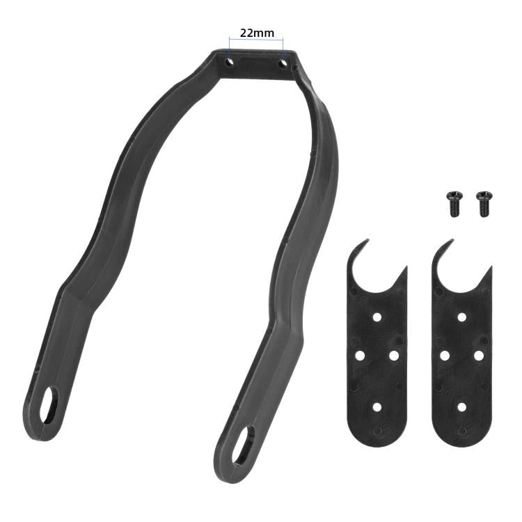 Black rear fender gap cover brackets with two perforated mounting plates and screws