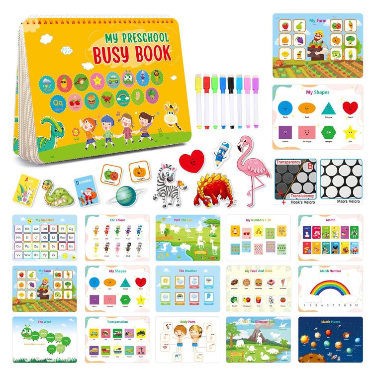Montessori busy book with colorful activity pages, markers, and cutout cards set