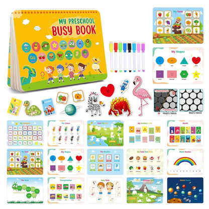 Montessori busy book with colorful activity pages, markers, and cutout cards set