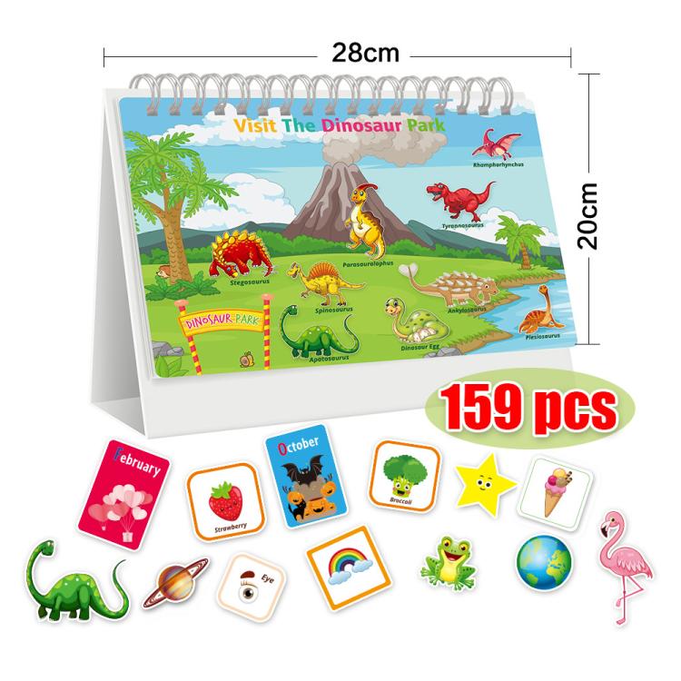 Busy book with dinosaur-themed page and 159-piece activity set