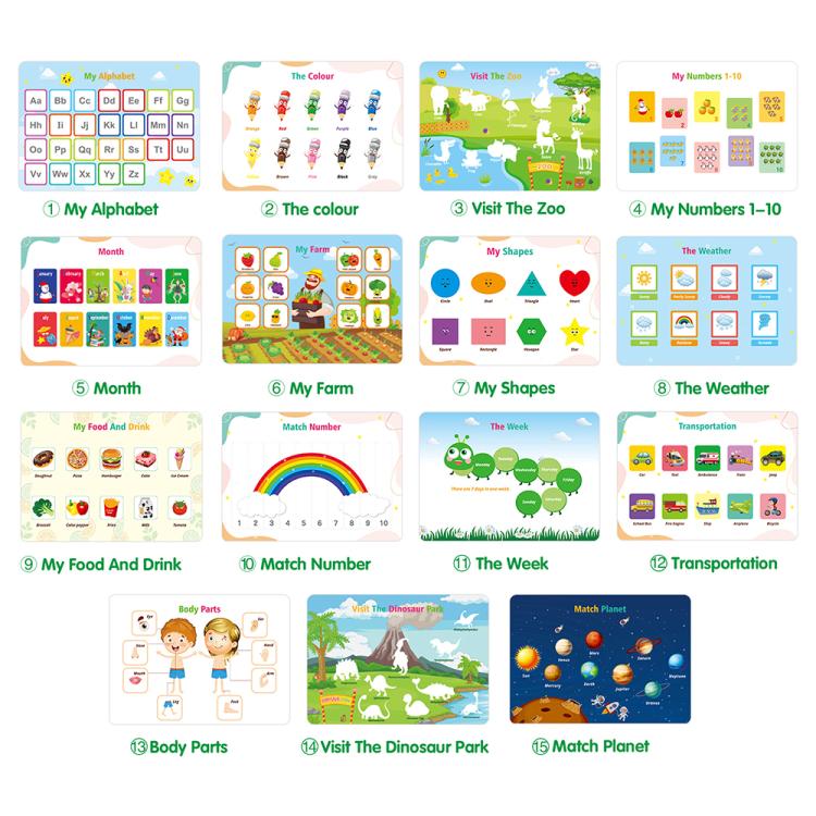 Busy book activity page set with alphabet, numbers, weather, and other themes