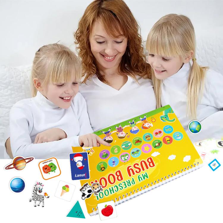 Busy book in yellow with colorful activity icons, laid out for children to play