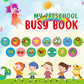 Preschool busy book cover with colorful characters and letters icons