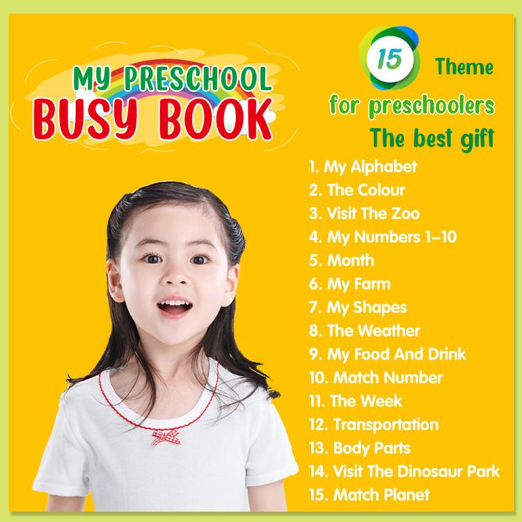 Preschool busy book cover with smiling child and 15 theme list