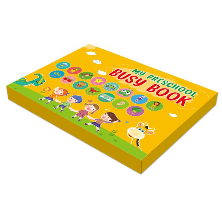 Closed preschool busy book box with colorful characters and activity icons