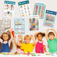 Children learning wall posters featuring body, shapes, weather, seasons, and money charts