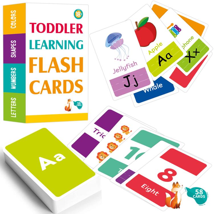Toddler learning flash card set with letters, numbers, and animal picture cards