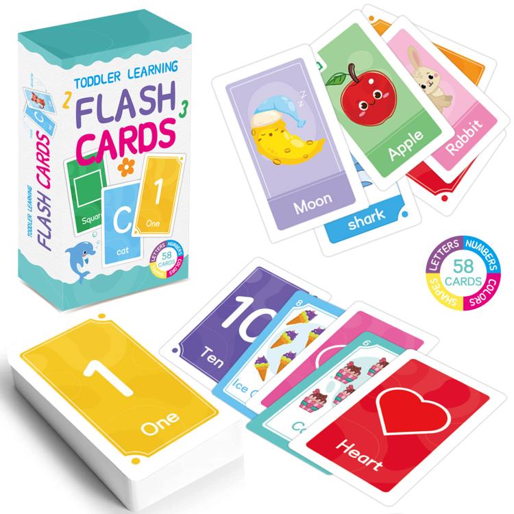 Toddler learning flash card set with numbers, shapes, and animal word cards