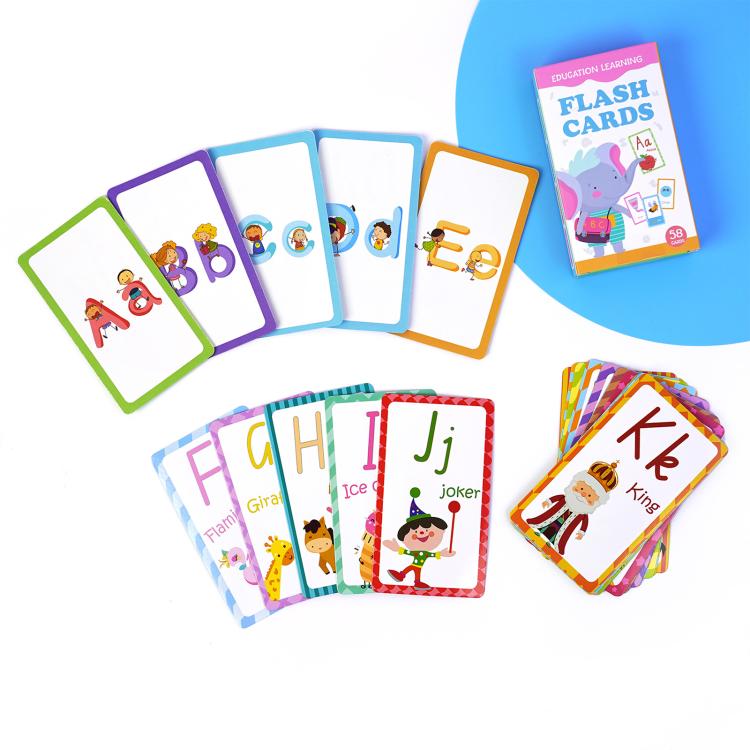 Alphabet flash cards with colorful letters and animal picture cards
