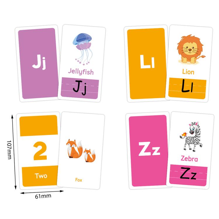 Letter and number flash cards with animals like jellyfish, fox, and zebra