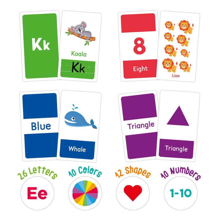 Educational flash cards featuring letters, colors, shapes, and numbers 1 to 10