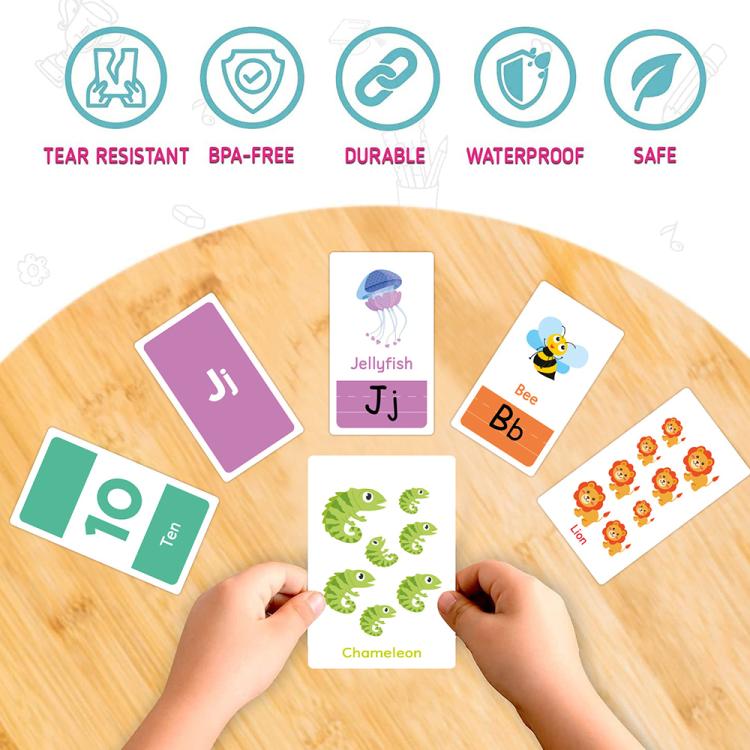 Durable toddler flash card set with alphabet and animal picture cards