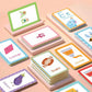 Alphabet and animal letter flash cards set, card stacks on a tabletop