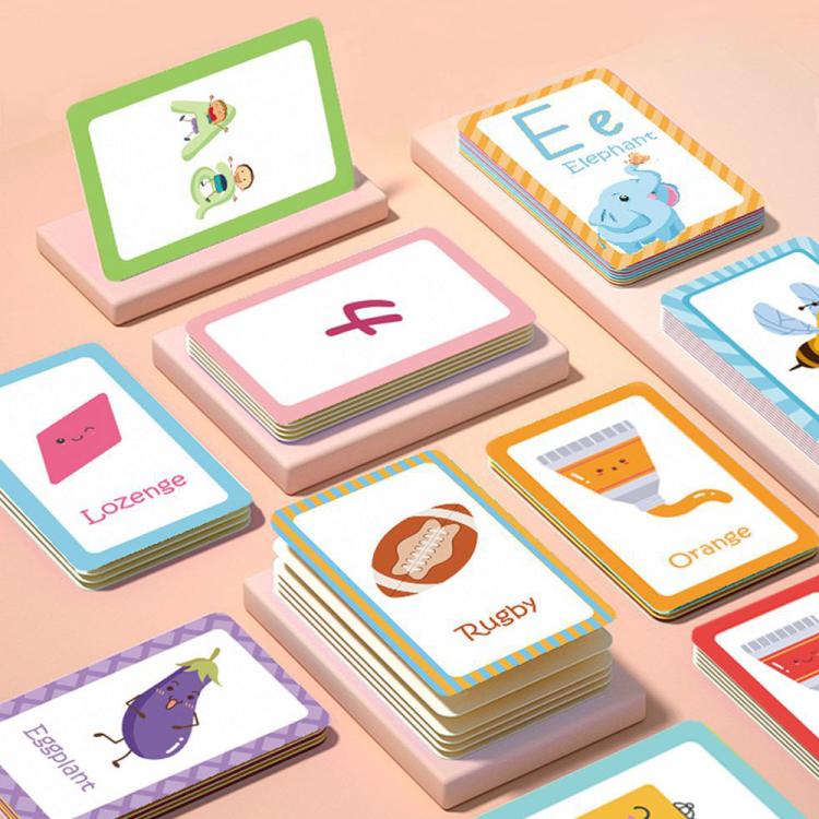 Alphabet and animal letter flash cards set, card stacks on a tabletop