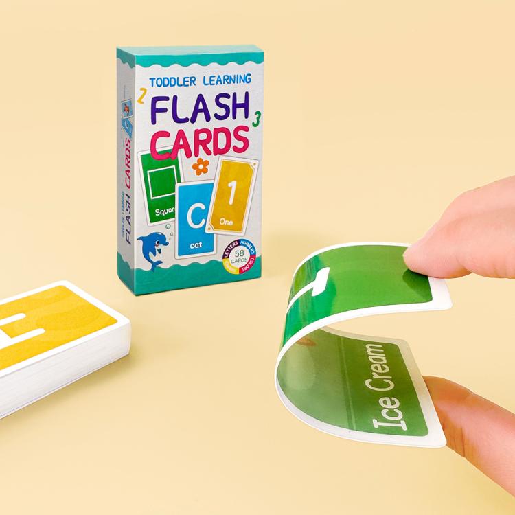 Toddler learning flash cards box and green card, with ice cream word card