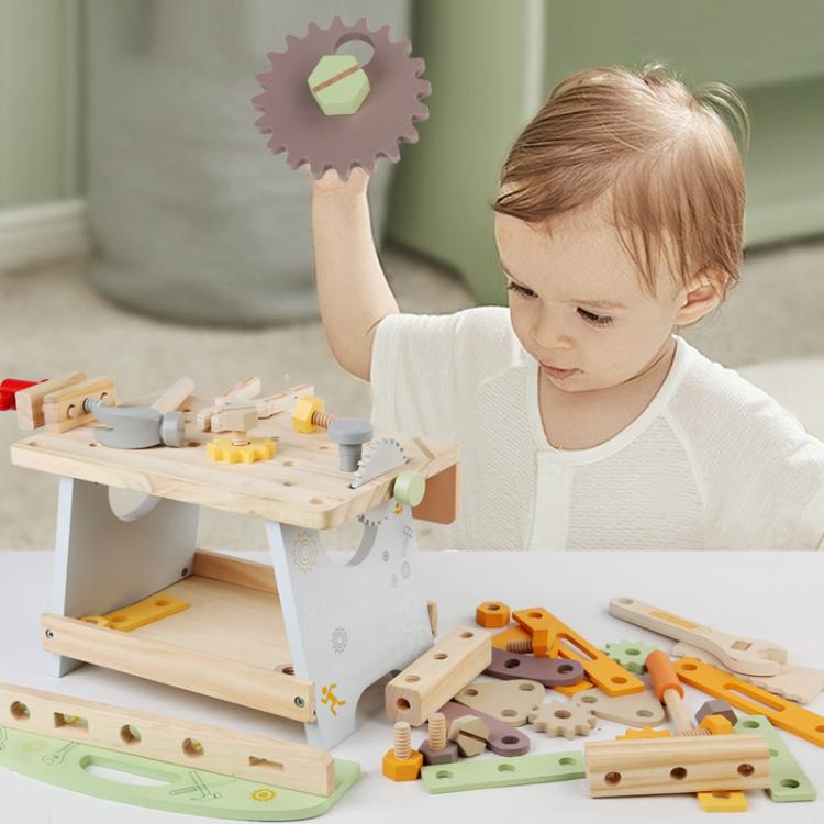 Children's wooden tool bench playset with toy gears and assorted hand tools