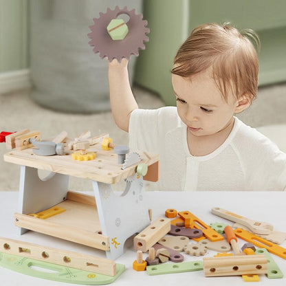 Children's wooden tool bench playset with toy gears and assorted hand tools