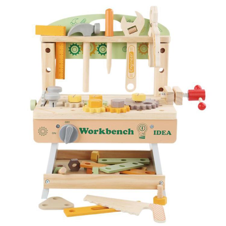 Children's wooden workbench playset with hanging tools and colorful accessories