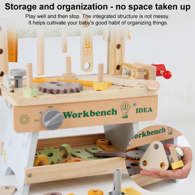 Wooden workbench toy with open storage and assorted pretend tools