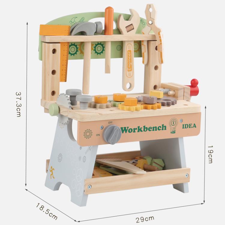 Children's wooden tool bench with dual levels and hanging tool board