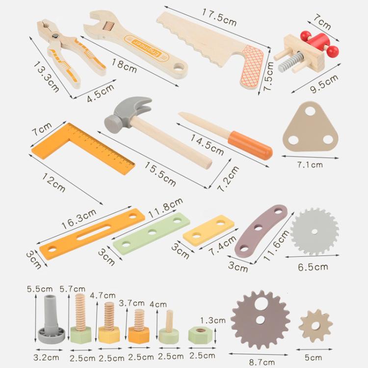 Assorted wooden tool pieces for pretend play, shown with size measurements