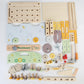 Children's wooden tool bench set with detachable gears, plates, and beam parts