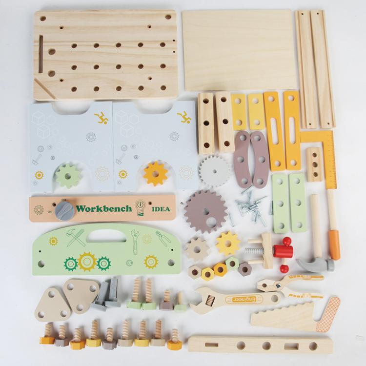 Children's wooden tool bench set with detachable gears, plates, and beam parts