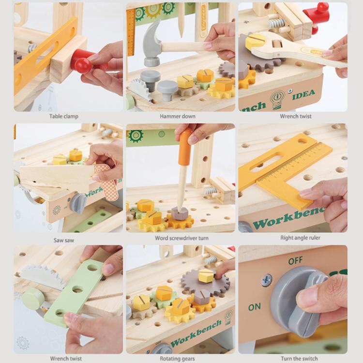 Children's wooden tool bench playset with clamp, hammer, saw, and ruler toys