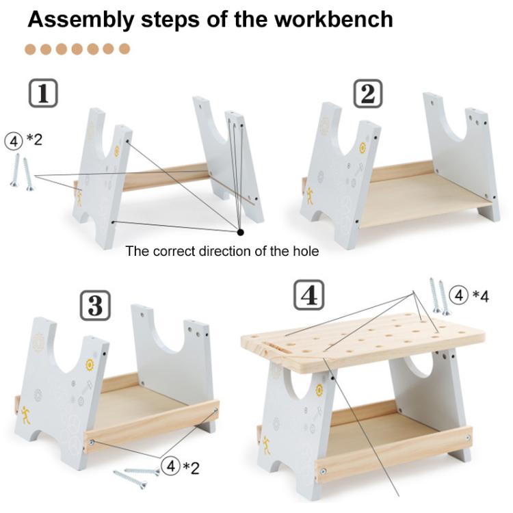 Wooden tool bench assembly parts with side supports and screws for setup