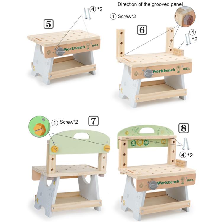 Wooden tool bench assembly steps with panel, bench top, and support brackets