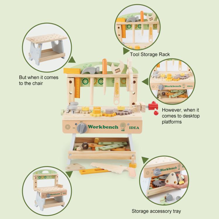 Children's wooden tool bench with tool storage rack and accessory tray