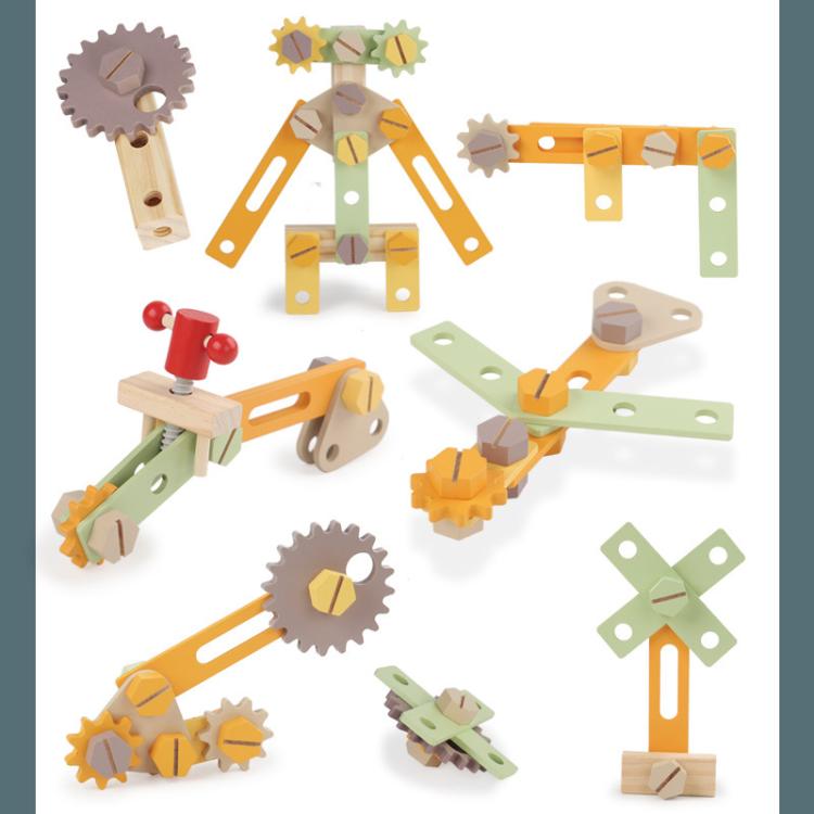 Children's wooden tool accessories set with gears, tools, and connector pieces