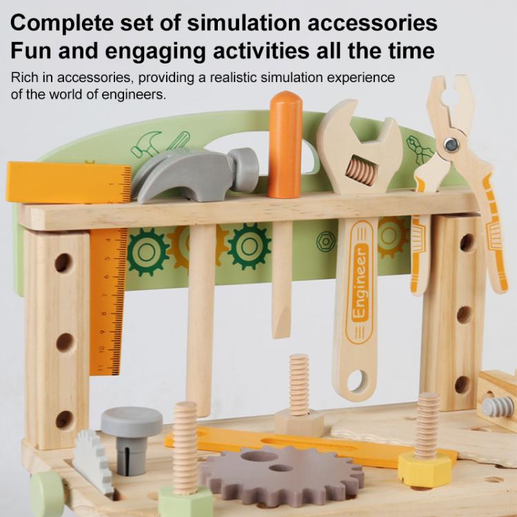 Children's wooden tool bench with mounted tools, gears, and orange switch panel