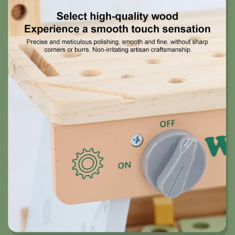 Wooden children’s tool bench with ON/OFF switch knob on front panel
