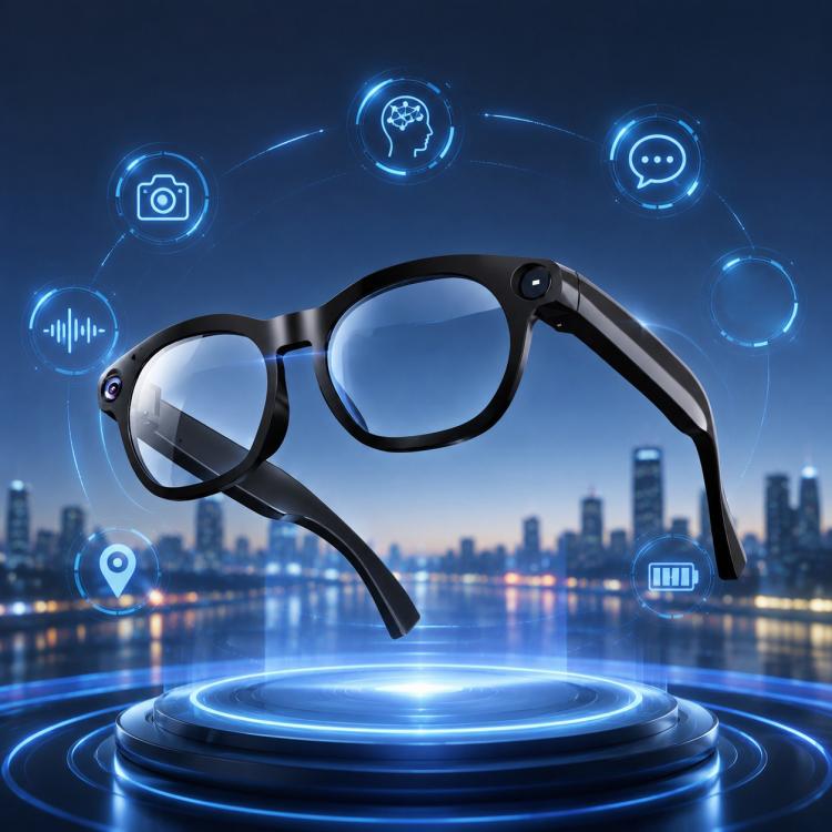 Black smart camera glasses with clear lenses, a small front camera, and electronic components in the arms