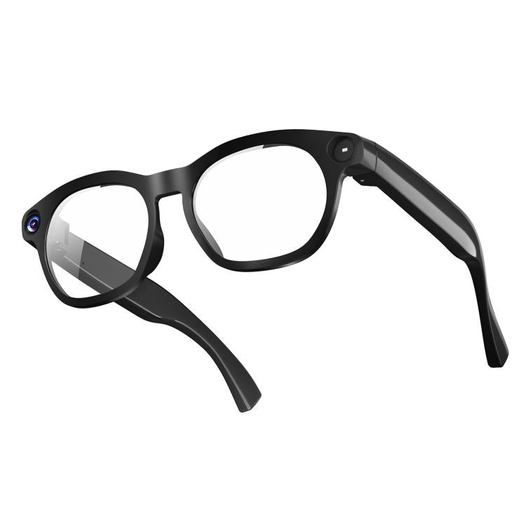 Black smart glasses with clear lenses, a front camera, and controls built into the arms