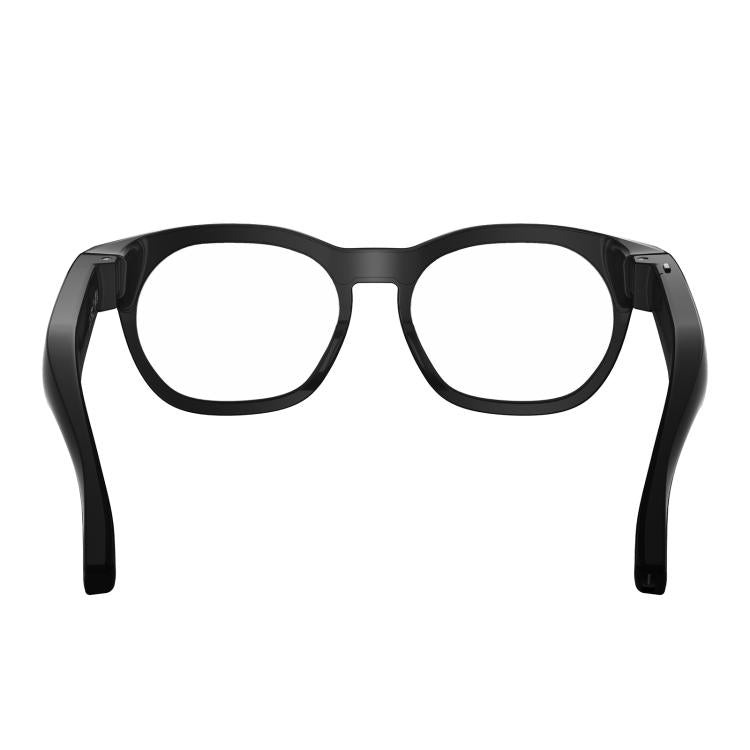 Rear view of black smart glasses showing the frame and folded electronic arms