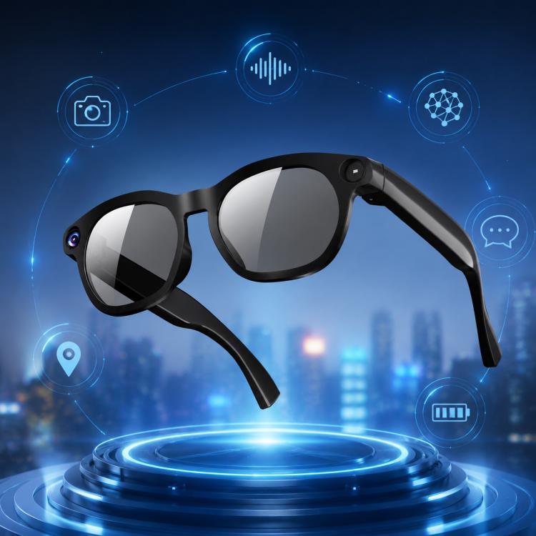 Black smart sunglasses with dark lenses, a front camera, and electronic components in the arms