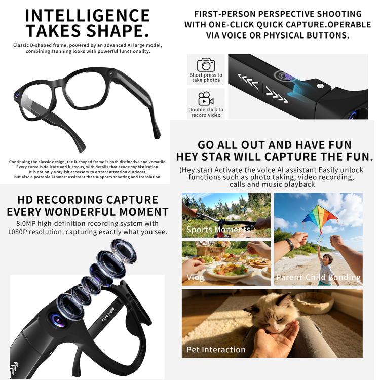 Smart glasses feature panel showing the frame, camera lens, quick-capture controls, and recording examples