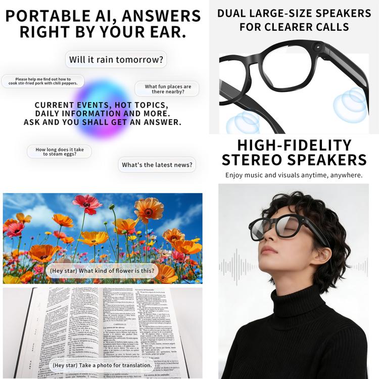 Smart glasses feature panel showing voice assistant prompts, speakers, and a wearer using the glasses