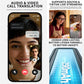 Smart glasses feature panel showing translation calls, live streaming, and battery information